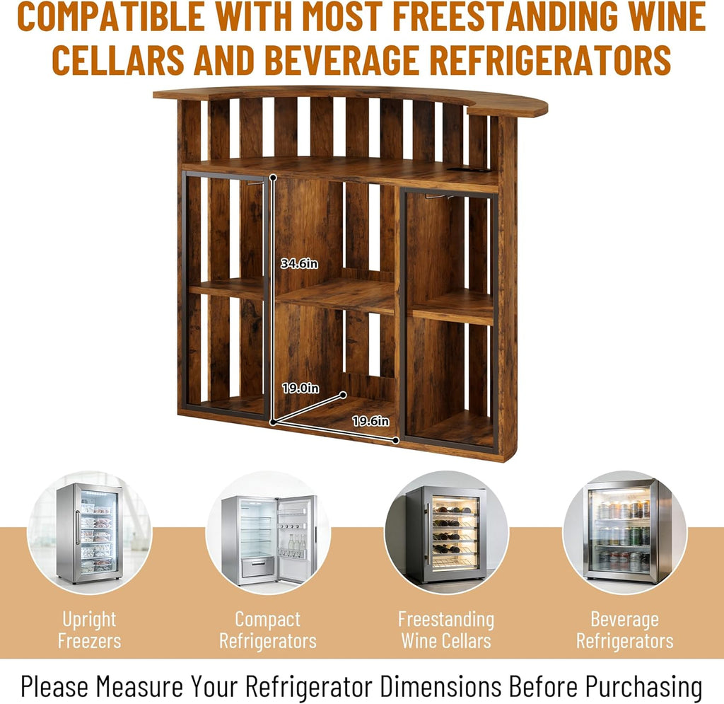 Drinks Bar Table with Fridge Space,4-Tier Home Bar Cabinet with Storage & Glass Holder,Power Outlet, Arc-Shaped Modern Liquor Cabinet for Home, Wooden Bar Station for Living Room, Kitchen, Basement