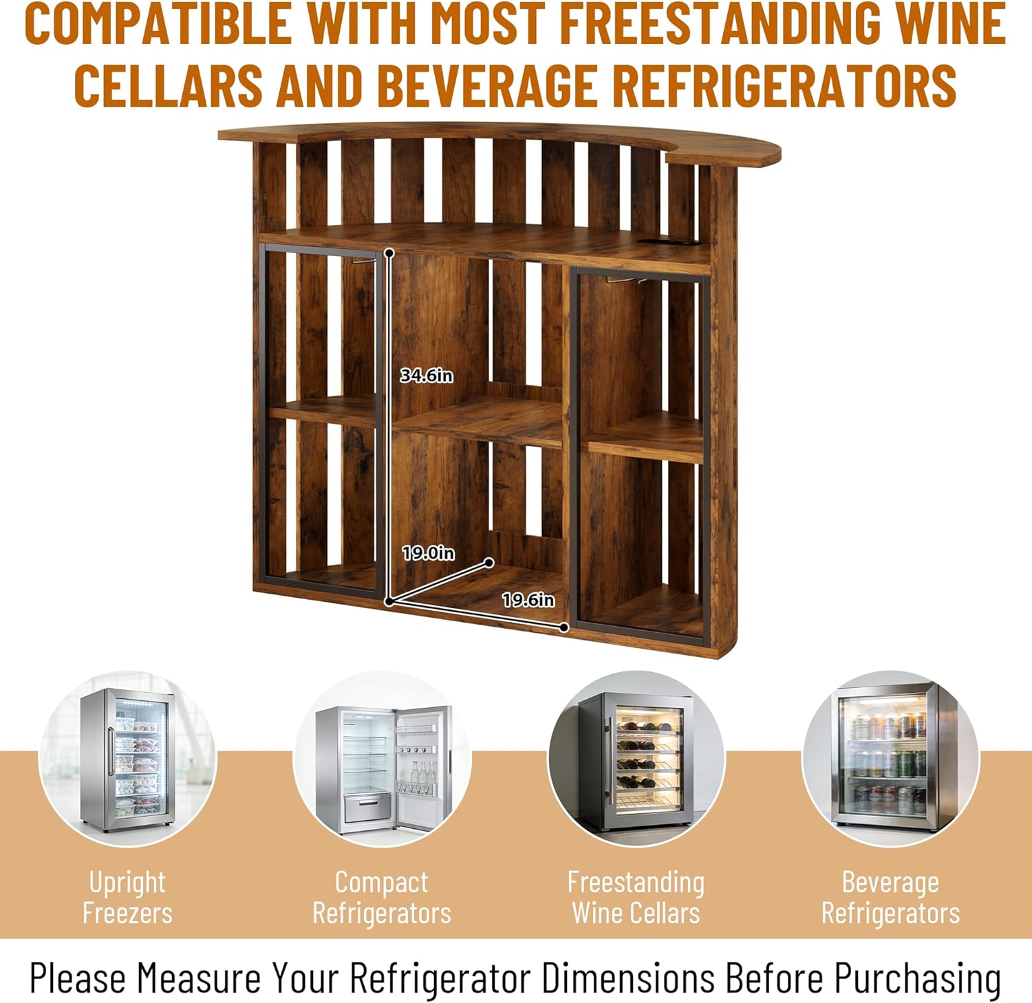 Drinks Bar Table with Fridge Space,4-Tier Home Bar Cabinet with Storage & Glass Holder,Power Outlet, Arc-Shaped Modern Liquor Cabinet for Home, Wooden Bar Station for Living Room, Kitchen, Basement
