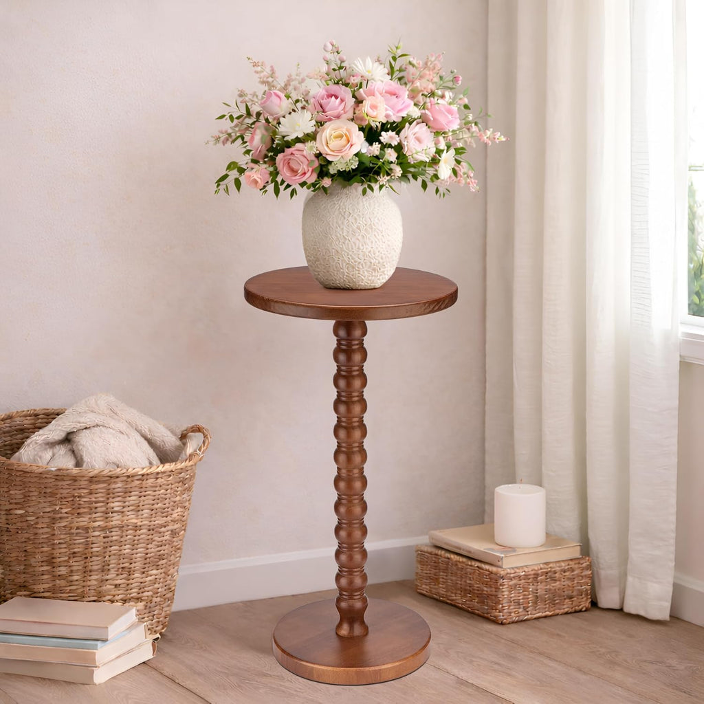 Solid Wood Round Side Table, Rustic Pedestal Drink Table for Small Spaces, Accent Nightstand Table for Living Room, Bedroom, Corners, and Office, Brown