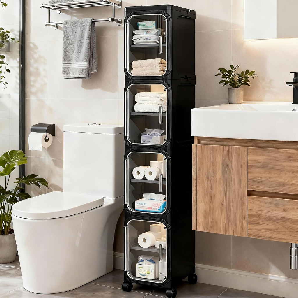 4-Tier Tall Narrow Slim Bathroom Storage Cabinet, Black | Tool Free Assembly, Adjustable shelves, Fits for Narrow Spaces, Lockable Wheels, Magnetic Clear Door