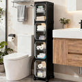4-Tier Tall Narrow Slim Bathroom Storage Cabinet, Black | Tool Free Assembly, Adjustable shelves, Fits for Narrow Spaces, Lockable Wheels, Magnetic Clear Door