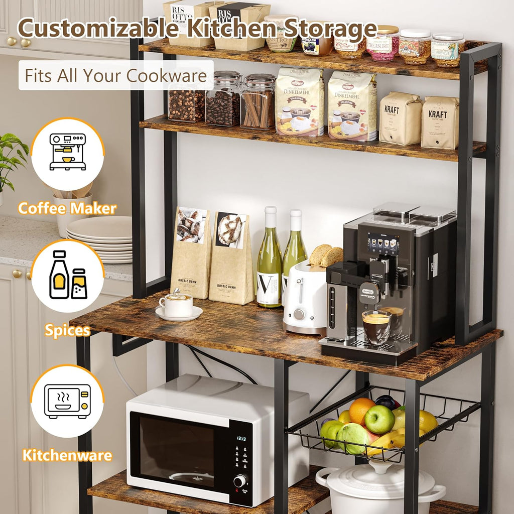Einhomn Bakers Rack with Power Outlet, 35.4'' Coffee Bar with Wire Basket, Microwave Stand with Storage and Adjustable Feet, Versatile Kitchen Shelves for Pantry, Home Organization, Rustic Brown