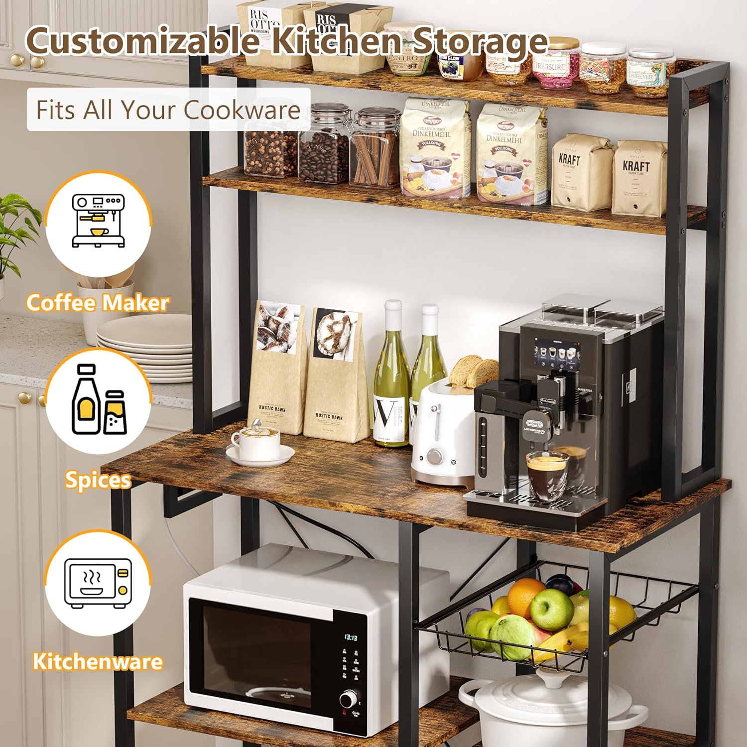 Einhomn Bakers Rack with Power Outlet, 35.4'' Coffee Bar with Wire Basket, Microwave Stand with Storage and Adjustable Feet, Versatile Kitchen Shelves for Pantry, Home Organization, Rustic Brown