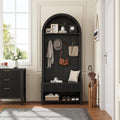 70.86-inch Entryway Hall Tree, Farmhouse-Style Wooden Coat Rack Freestanding, Entryway Organizer with Four Hooks, Standing Shoe Rack with Bench for Hallways, Foyers, and Living Rooms, Black
