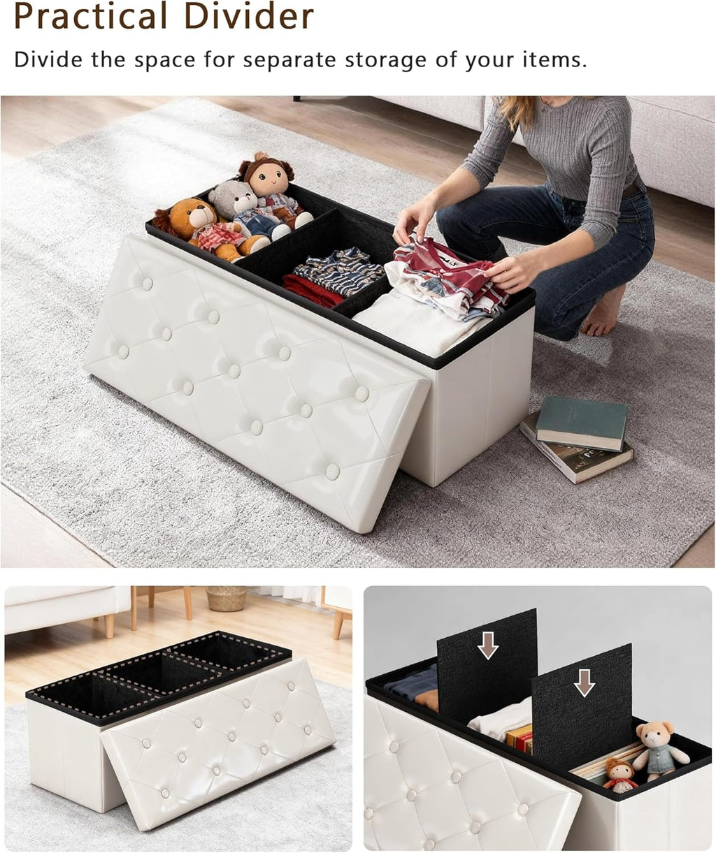 GLAXYFUR Storage Ottoman Bench, 43 Inches Folding Ottoman with 2 Dividers, PU Leather Foot Rest, End of Bed Bench, Storage Chest for Living Room, Bedroom and Entryway (White)
