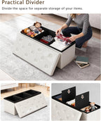 GLAXYFUR Storage Ottoman Bench, 43 Inches Folding Ottoman with 2 Dividers, PU Leather Foot Rest, End of Bed Bench, Storage Chest for Living Room, Bedroom and Entryway (White)