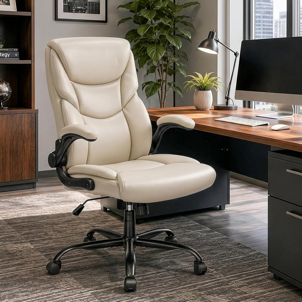 Sweetcrispy Ergonomic Office Chair - Heavy Duty Task Desk Chair with Flip-up Armrest, PU Leather, Height Adjustable & Swivel Rolling Chair with Wheels, Beige