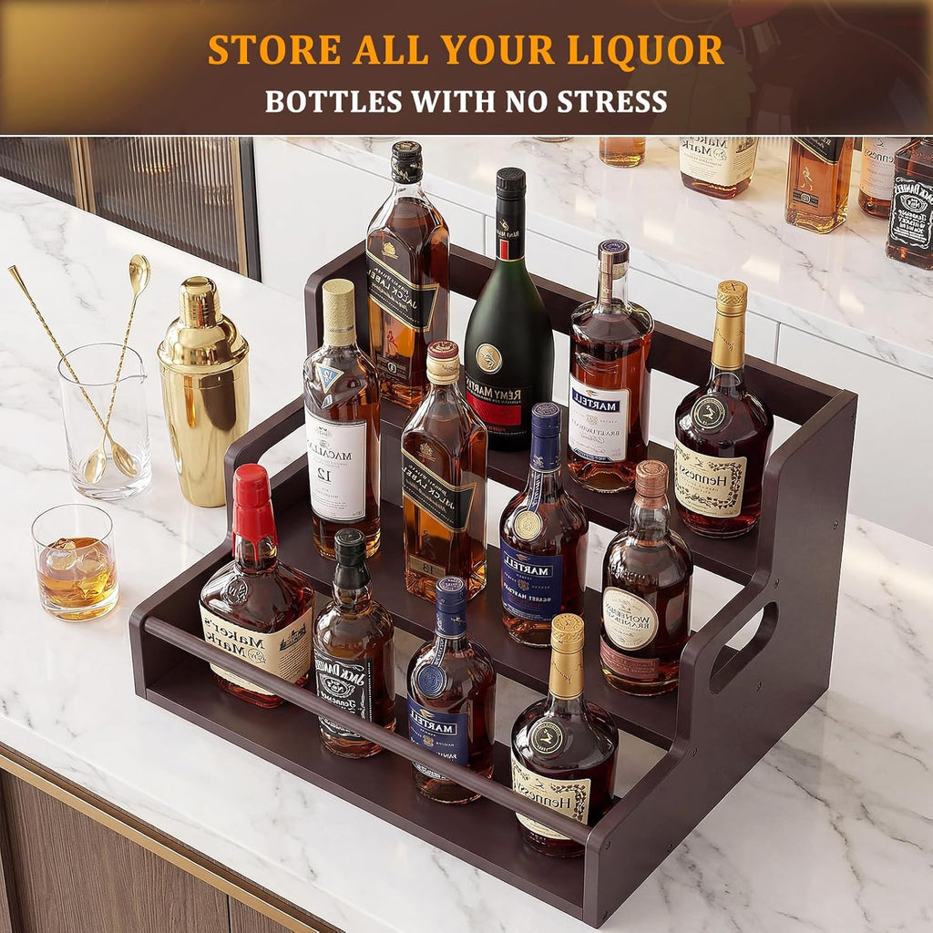 Bamboo Liquor Bottle Display Shelf, 3 Tier Coffee Syrup Rack Organizer, Countertop Liquor Stand for Home Bar, Dark Brown