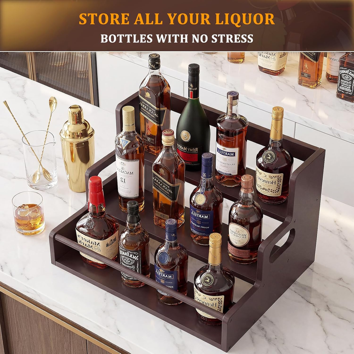 Bamboo Liquor Bottle Display Shelf, 3 Tier Coffee Syrup Rack Organizer, Countertop Liquor Stand for Home Bar, Dark Brown