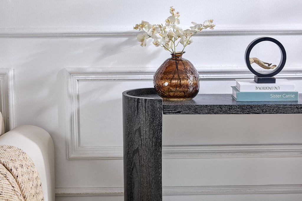Black Curved Foyer Table Black Wood Grain Entrance Small Space Living Room Sofa Side Table