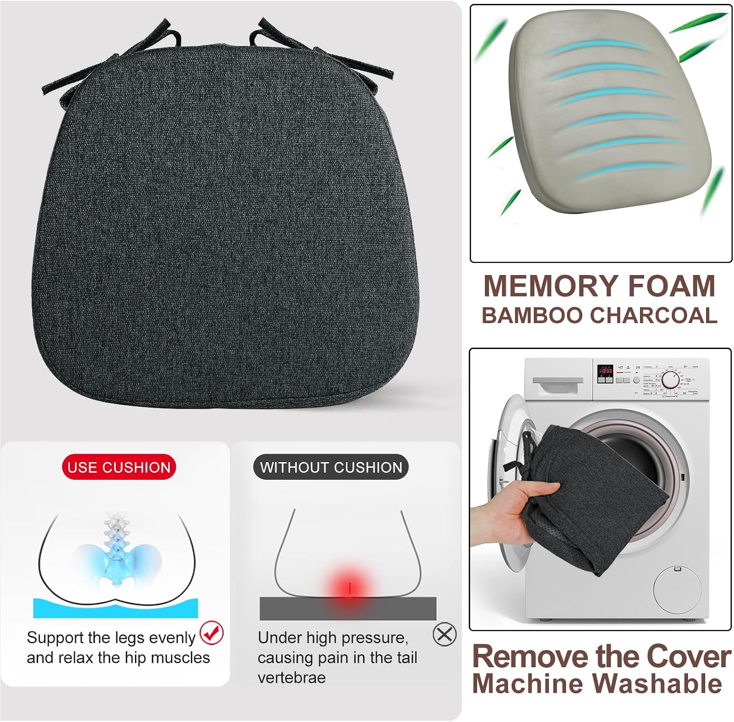 SINOSSO 1 Pack Memory Foam Chair Cushions for Dining Chair, Friendly Woven Fabric 16" U-Shape Comfortable Kitchen Chair Pad, Removable Slip Resistant Seat Cushion (1 Piece, Black)