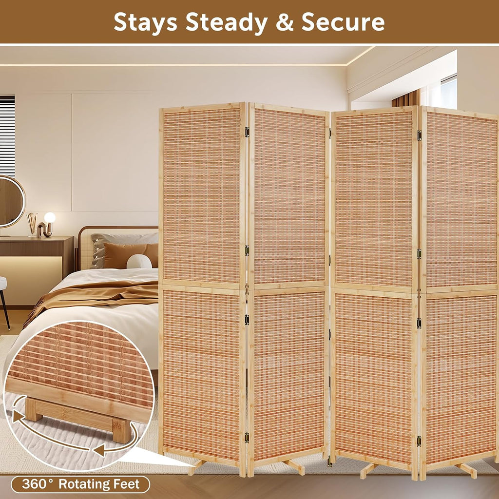 Olela 4 Panel Folding Room Divider, 5.6ft Tall Bamboo Room Divider Screen with Rotating Support Feet, 71" Wide Portable Wooden Screen, Easy 2-Step Assembly, Privacy Screens for Indoor Home Bedroom