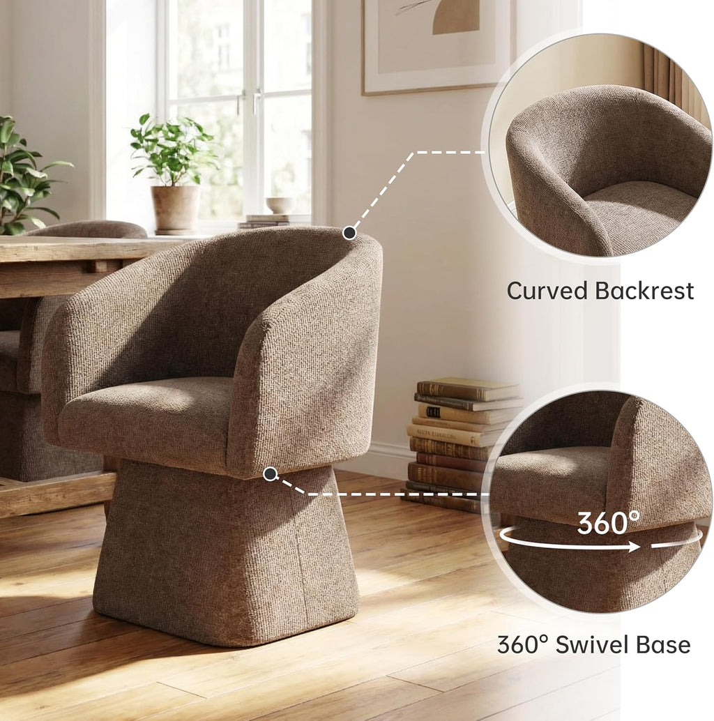 VKNOW Upholstered Swivel Dining Chairs Set of 2, Modern Dining Room Chairs with Barrel Back, Accent Arm Chair for Dining Room, Living Room, Bedroom, Vanity, Dark Brown