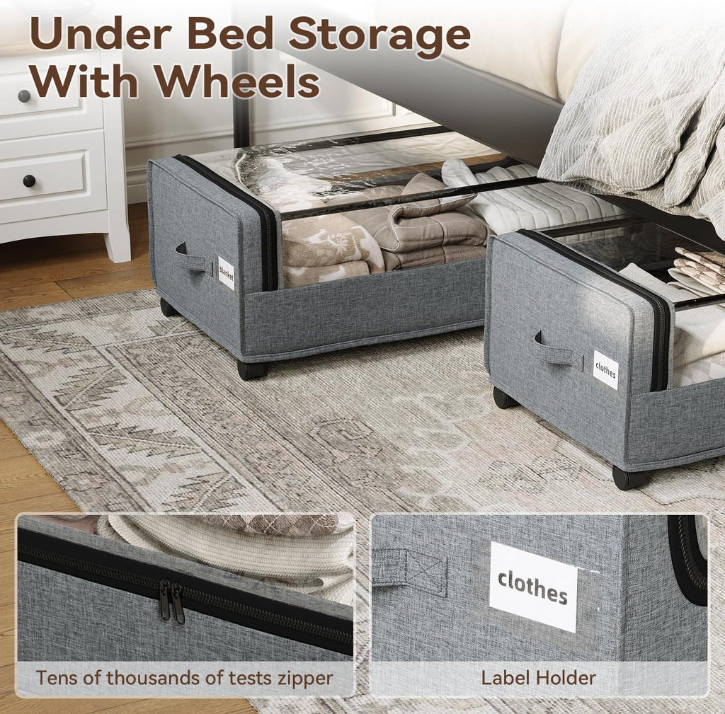 Under Bed Storage, Tall Size Under Bed Storage With Wheels, Under bed Shoe Storage, Metal Frame, 90L Capacity, Storage Drawers for Bedroom
