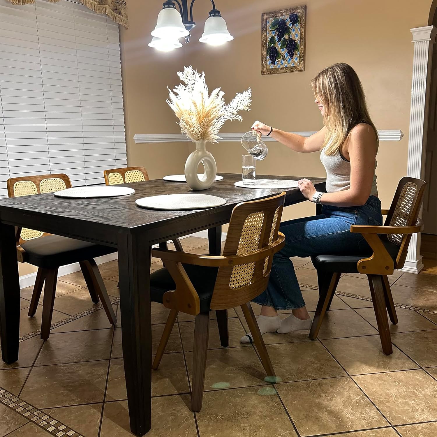 Walnut Dining Chairs - Swivel Rattan Dining Chairs with Bentwood Frame with Ergonomic Cane Back, Curved Arms, MCM Dining Chairs for Kitchen/Restaurant/Living Room/Conference (Walnut Brown, Set of 4)