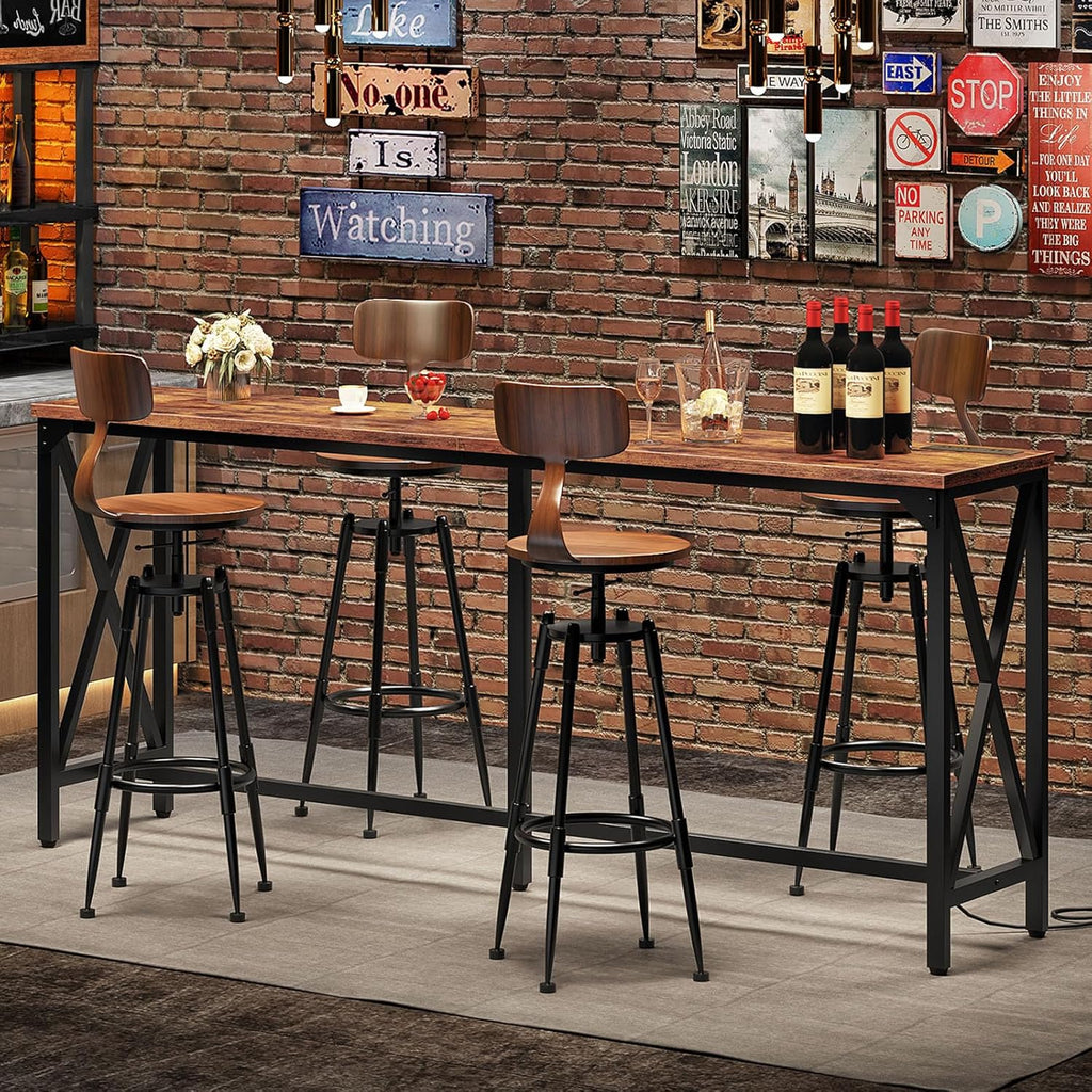 CHOEZON 70.9'' Bar Table, Kitchen Dining Table with Power Outlet and Footrest, Industrial Style, for Pub, Living Room, Rustic Brown and Black TBT08UBF