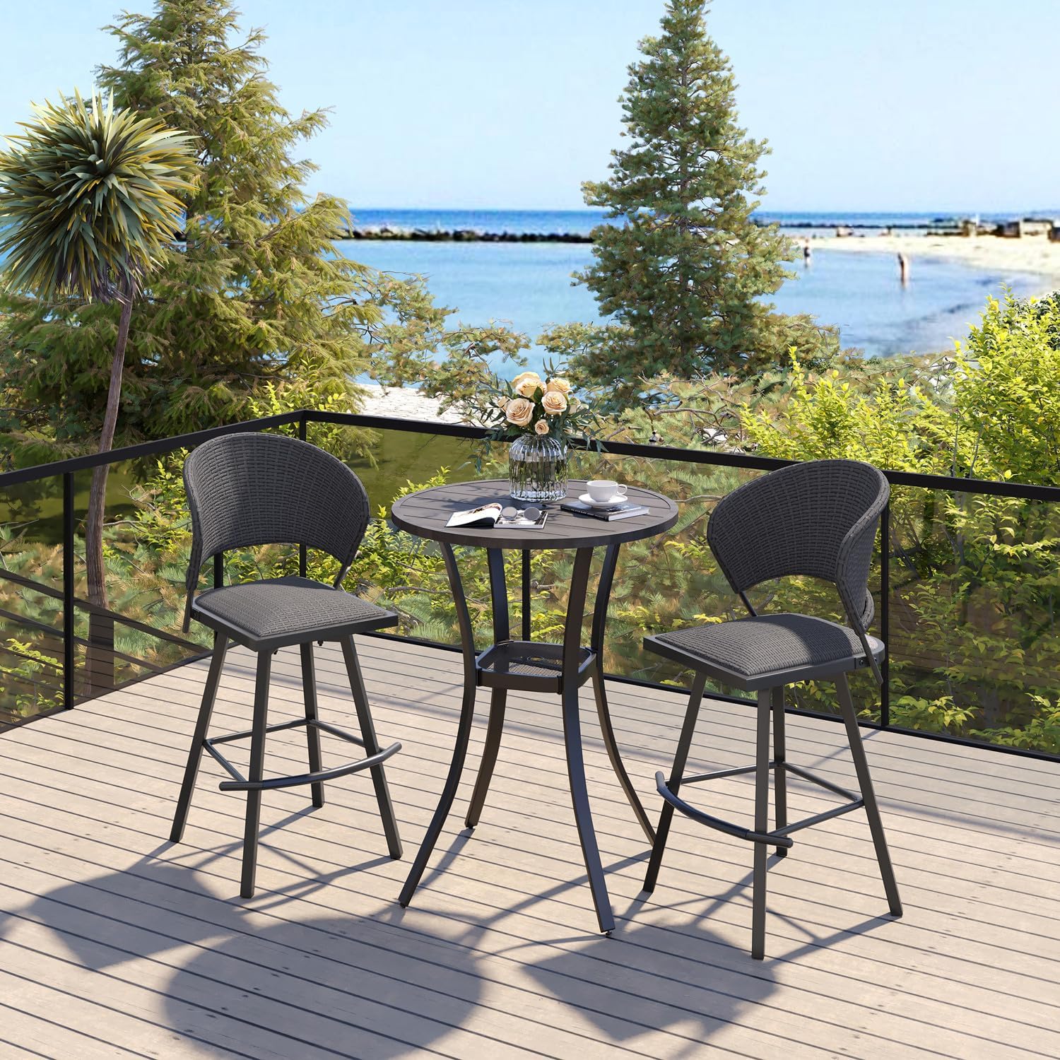 VICLLAX Patio Bar Stool Chairs with Footrests and Padded Seat, Counter Height Swivel Patio Chairs Set of 2, Grey Woven Wicker Swivel Bar Stools for Lawn Garden