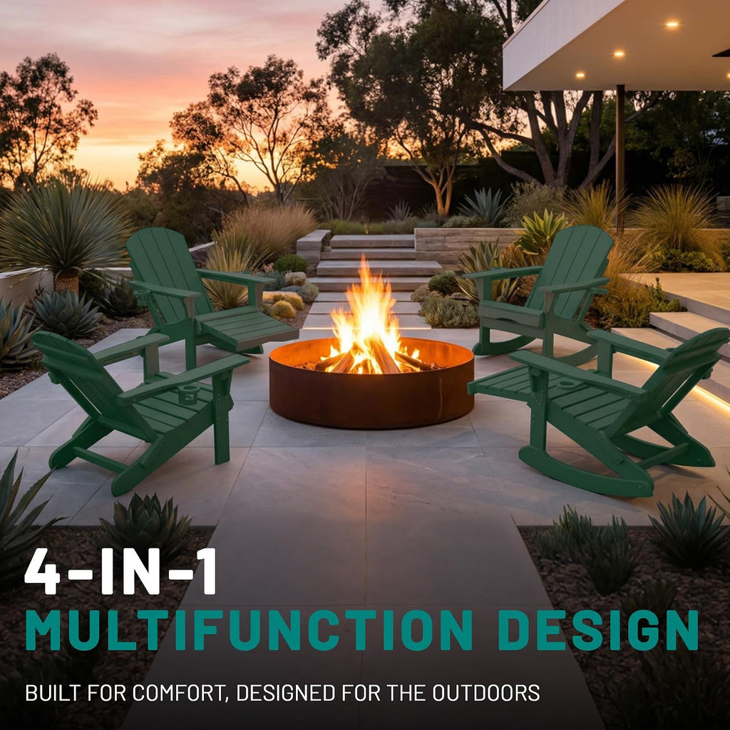 PLUUV Folding Adjustable Adirondack Rocking Chair with Retractable Ottoman and Cup Holders, Weather Resistance Outdoor HDPE Adirondack Rocker Patio Chair, Wood-Like Reclining Adirondack Chair, Green