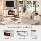 LUXOAK 3-Piece Farmhouse Living Room Table Sets, Includes 1 x Coffee Table, 2 x End Tables with Charging Station & USB Ports, Rustic Coffee Table Set of 3, Distressed White
