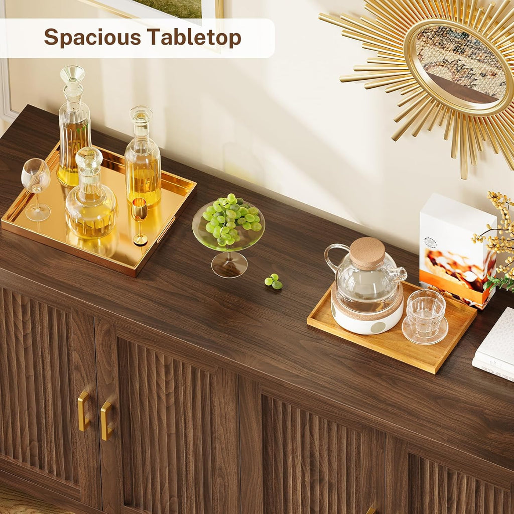 Buffet Cabinet with Storage, 55" Fluted Sideboard Cabinet with 4 Adjustable Shelves, Modern Coffee Bar with 4 Doors, Coffee Bar Cabinet for Kitchen, Living Room, Walnut