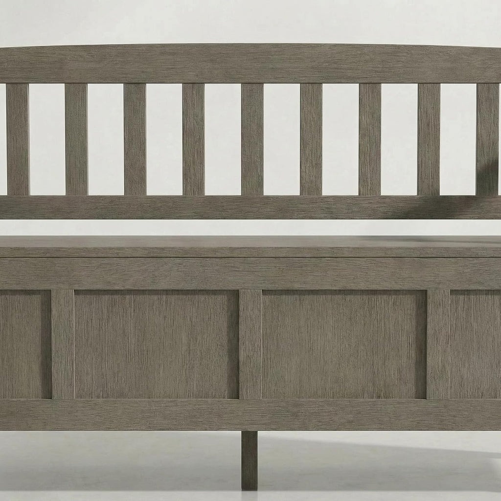 SIMPLIHOME Brooklyn Entryway Storage Bench - 48 inch Wide Solid Wood Storage Seat in Aged Grey, Contemporary Bench for Entryway or Living Room with Lift-Up Lid and Slatted Backrest
