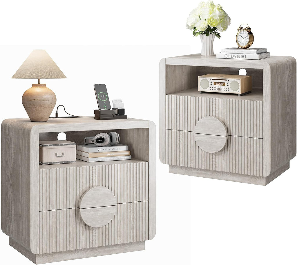 23" Wide Fluted Nightstands Set of 2, Mid Century Bedside Tables with Charging Station, Wood End Table with 2 Drawers and Open Shelf for Bedroom, Home Office, Gray Oak