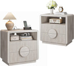 23" Wide Fluted Nightstands Set of 2, Mid Century Bedside Tables with Charging Station, Wood End Table with 2 Drawers and Open Shelf for Bedroom, Home Office, Gray Oak