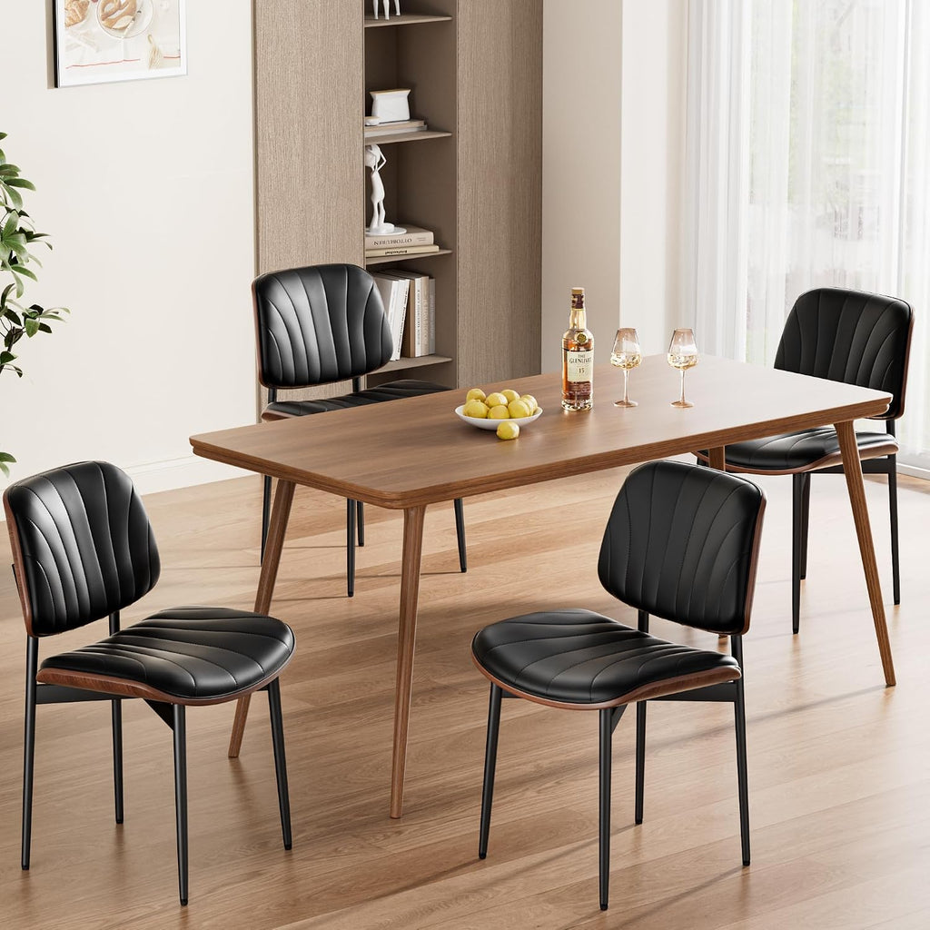 REONEY Dining Chairs Set of 2, Mid-Century Modern Upholstered PU Leather Chairs with Walnut Bentwood Back and Metal Legs Adjustable Feet for Kitchen, Black Shell Strips