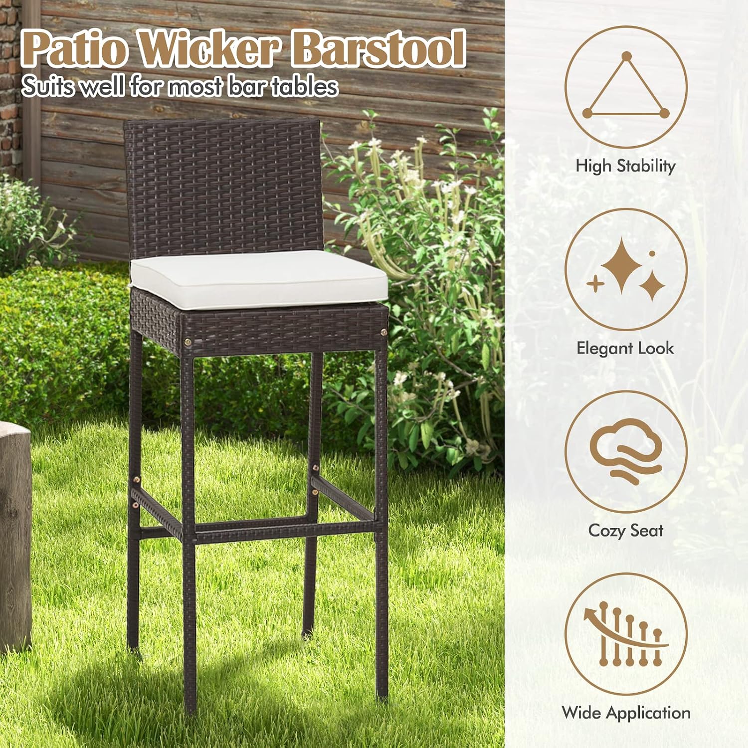RELAX4LIFE Outdoor Bar Stools Set of 2 - Wicker Rattan Patio Barstools Tall Chairs w/Back, Footrest, Seat Cushions & Metal Frame, 400LBS Weight Capacity, 30’’ Counter Height Bar Stools (1, Mix Brown)