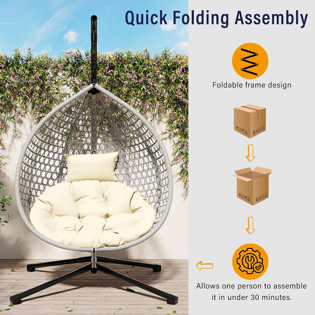 Hanging Egg Chair with Stand – 330 Lbs Capacity Patio Rattan Basket Chair, Garden Swing Hammock with Soft Removable Cushion, Indoor Outdoor for Balcony, Porch, Poolside & Bedroom, Gray+Beige