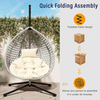 Hanging Egg Chair with Stand – 330 Lbs Capacity Patio Rattan Basket Chair, Garden Swing Hammock with Soft Removable Cushion, Indoor Outdoor for Balcony, Porch, Poolside & Bedroom, Gray+Beige