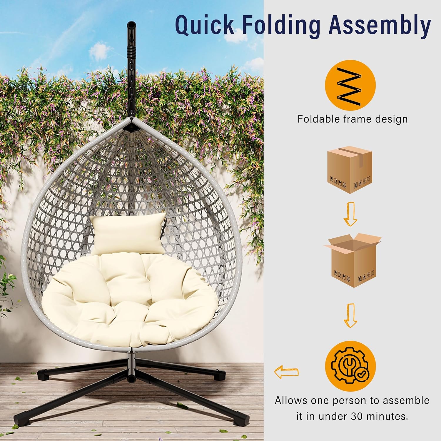 Hanging Egg Chair with Stand – 330 Lbs Capacity Patio Rattan Basket Chair, Garden Swing Hammock with Soft Removable Cushion, Indoor Outdoor for Balcony, Porch, Poolside & Bedroom, Gray+Beige