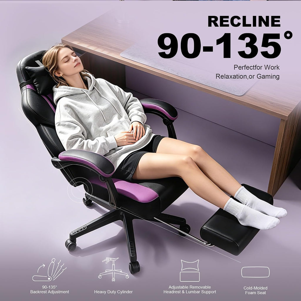 Big and Tall Gaming Chair 400lbs with Footrest - Heavy Duty Ergonomic Computer Office Chair for Adults, Wide Desk Chair with Pocket Spring Cushion & Linkage Armrests Purple