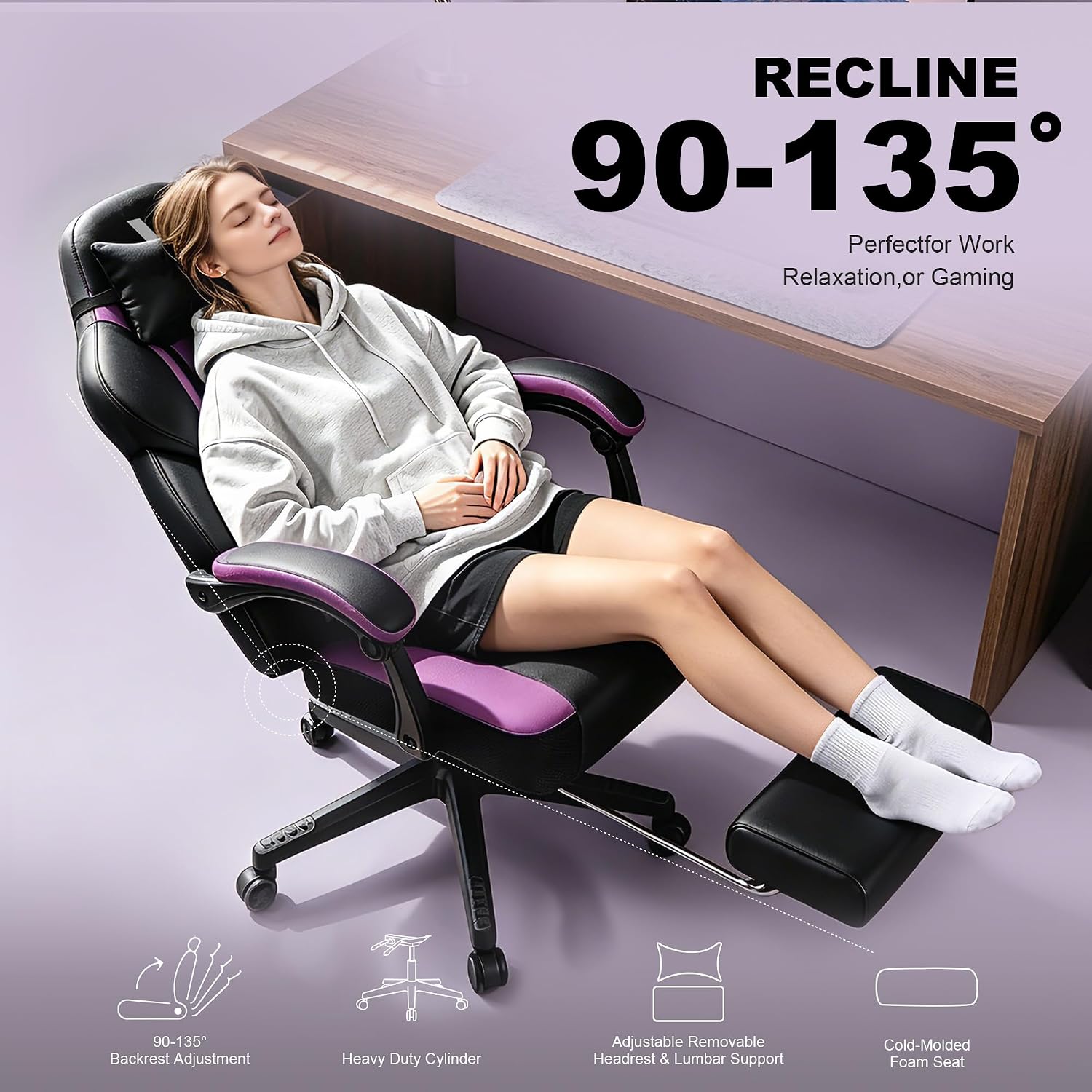 Big and Tall Gaming Chair 400lbs with Footrest - Heavy Duty Ergonomic Computer Office Chair for Adults, Wide Desk Chair with Pocket Spring Cushion & Linkage Armrests Purple