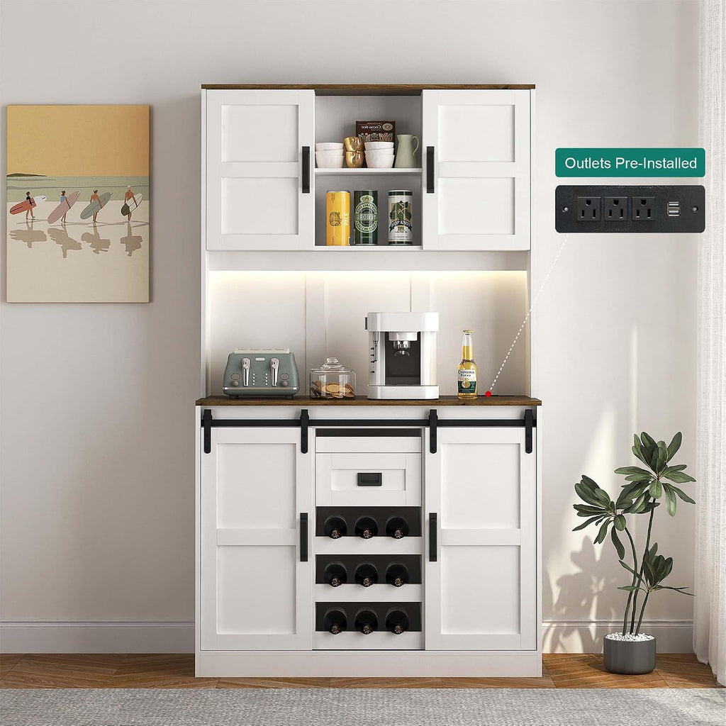 72'' Kitchen Hutch Storage Cabinet Buffet with Drawers, Kitchen Pantry Cabinets with Doors/3 AC Outlets/2 USB Charging Ports, Food Pantry Cabinet with Microwave Shelf for Dining Room (White - 72'')
