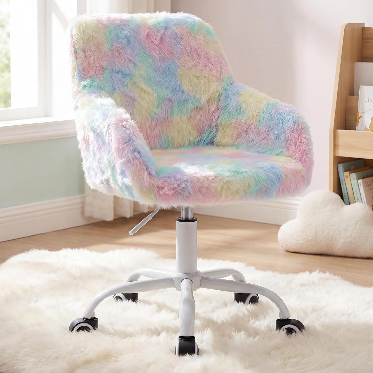 LukeAlon Kids Adjustable Desk Chair, Furry Study Chair with Swivel Base, Cute Faux Fur Reading Chair, Comfy Upholstered Computer Chair with Arms for Girls Children, Light Colorful