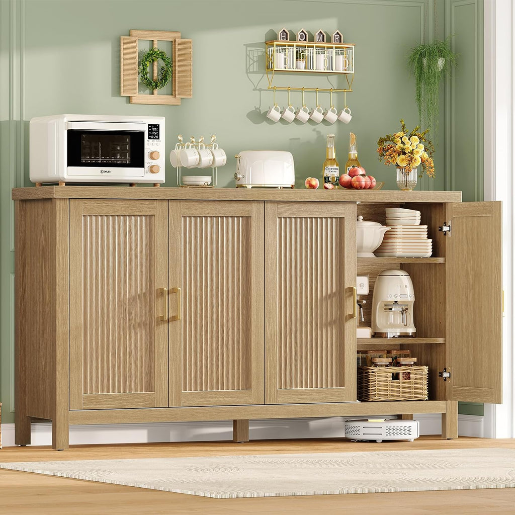 Buffet Cabinet with Storage, 63" Fluted Sideboard Cabinet with 4 Adjustable Shelves, Modern Coffee Bar with 4 Doors, Coffee Bar Cabinet for Kitchen, Living Room, Natural
