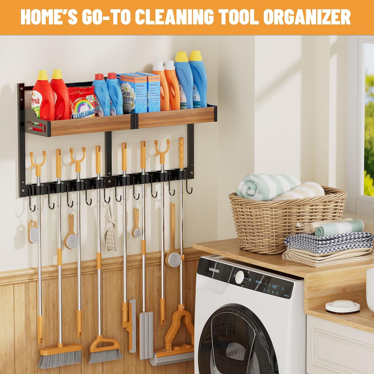 Broom and Mop Organizer Wall Mount, 2 pcs | Wall Hanging, Cleaning Supplies Organizer, Storage Shelf and Hooks, For Laundry Room Garage Kitchen