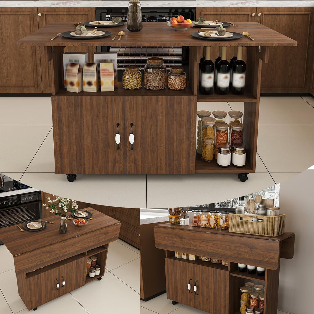 Kitchen Island with Storage, Rolling Kitchen Island on Wheels, 47" Rolling Cart with Drop Leaf, Home Bar Carts with Cabinet for Kitchen (Walnut)