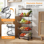 VECELO 5-Tier Fruit Basket with Wheels, Fruit and Vegetable Storage Cart for Kithchen, Easy to Move, Durable, Stackable Produce Organizer Wire Baskets for Kitchen, Pantry, Living Room