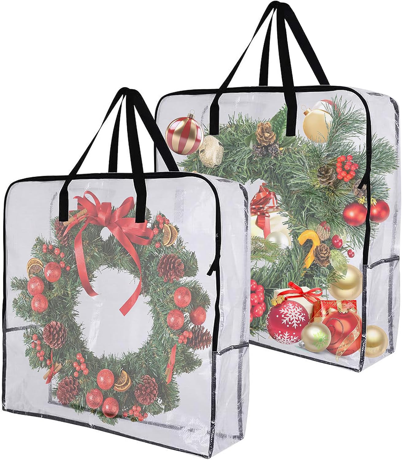 2 Pack 25 inches Wreath Storage Container,Extra Large Transparent Rectangular Christmas Ornament Storage Bags with Zipper and Handles,Perfect for Wreaths,Garlands,Gifts,Waterproof,Foldable