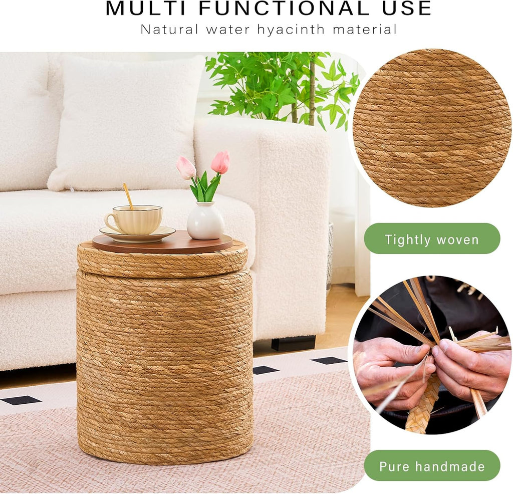 Wimarsbon Storage Pouf Ottoman, Hand Weaving Natural Straw Foot Stool, Bohemian Round Patio Ottomans, Rustic Lounge Pouffe, Outdoor Extra Seat for Garden (14inch Natural Cattail L)