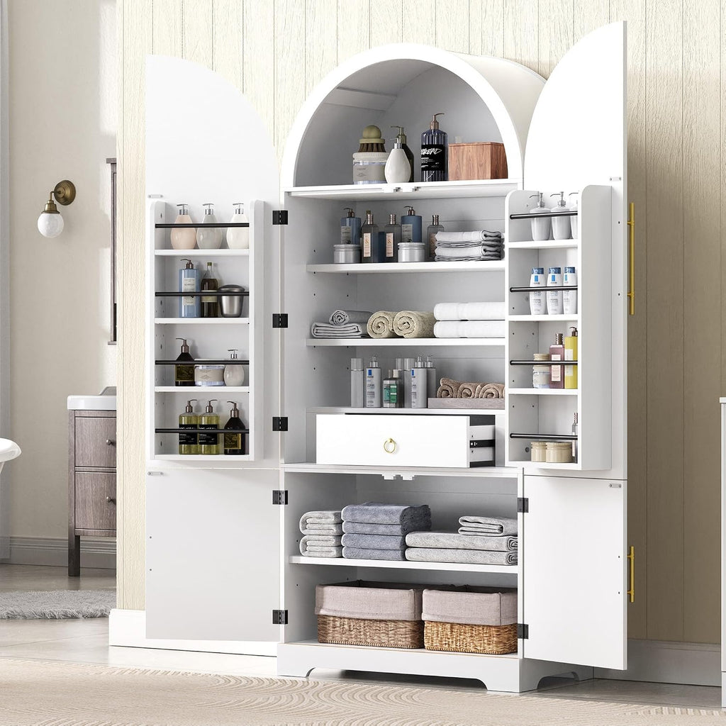Virubi 72" Tall Arched Kitchen Pantry Cabinet, Fluted Storage Cabinets with Hidden Drawer and 3 Adjustable Shelves, Cupboard with Door Shelves for Kitchen, Dining and Bathroom, White