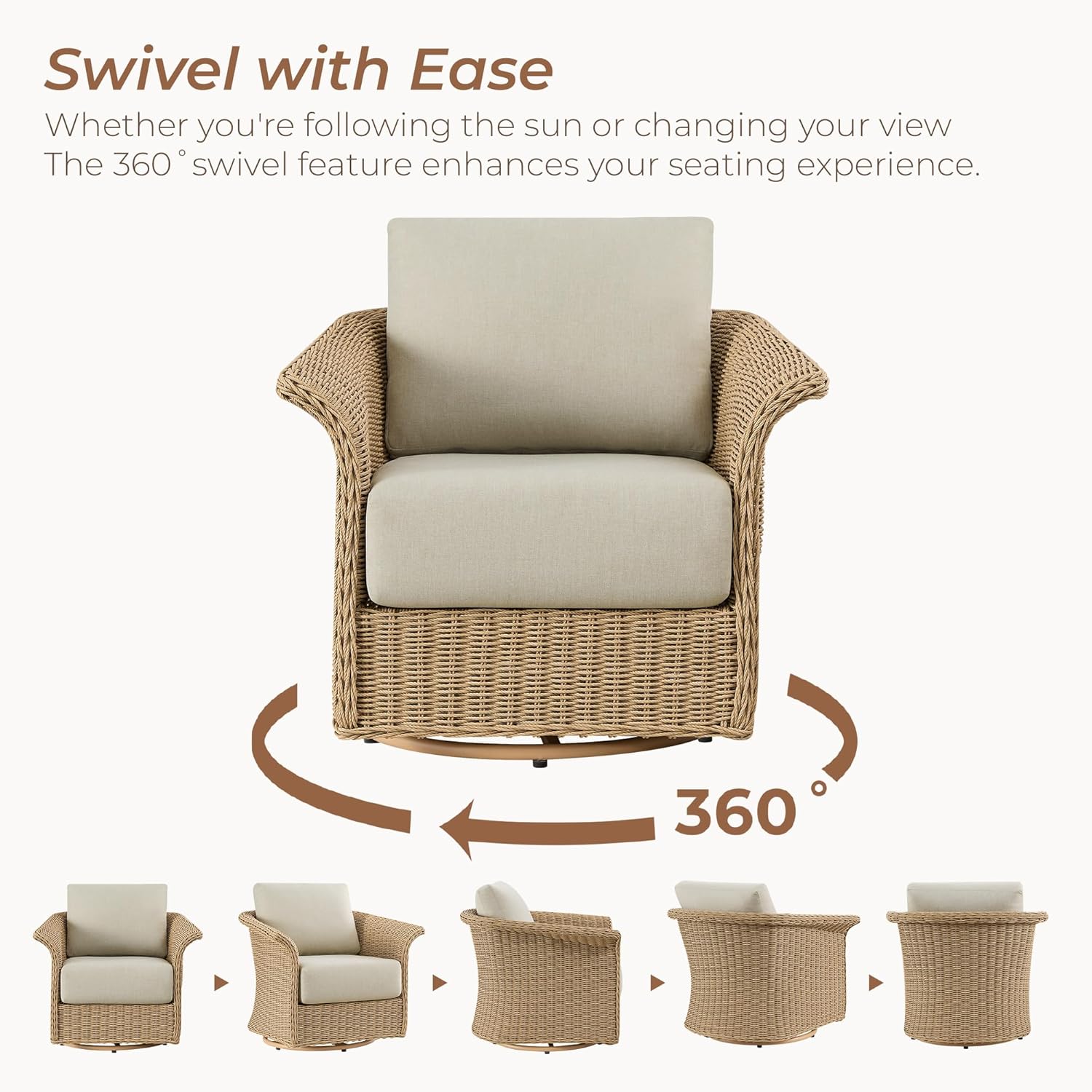 CHITA Wicker Patio Swivel Chairs with Removable Thickened Cushion, Outdoor Rattan Chairs for Sunroom, Garden, Deck, Backyard or Porch