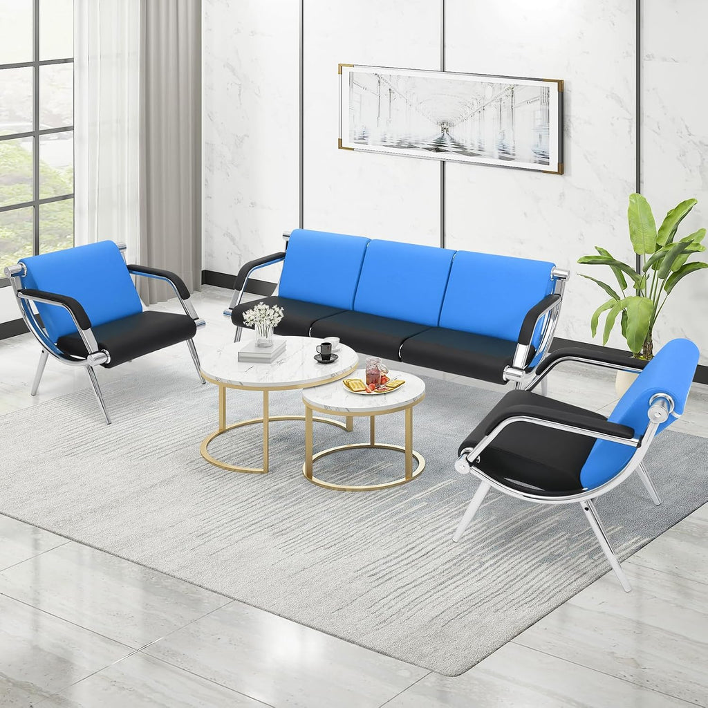Waiting Room Chairs with Armrest, PU Leather Office Furniture, Lobby Conference Reception Chairs, Office Guest Seating for Clinic,Airport,Hospital,Barber,Salon,Bank (Blue & Black, 2-Seat)