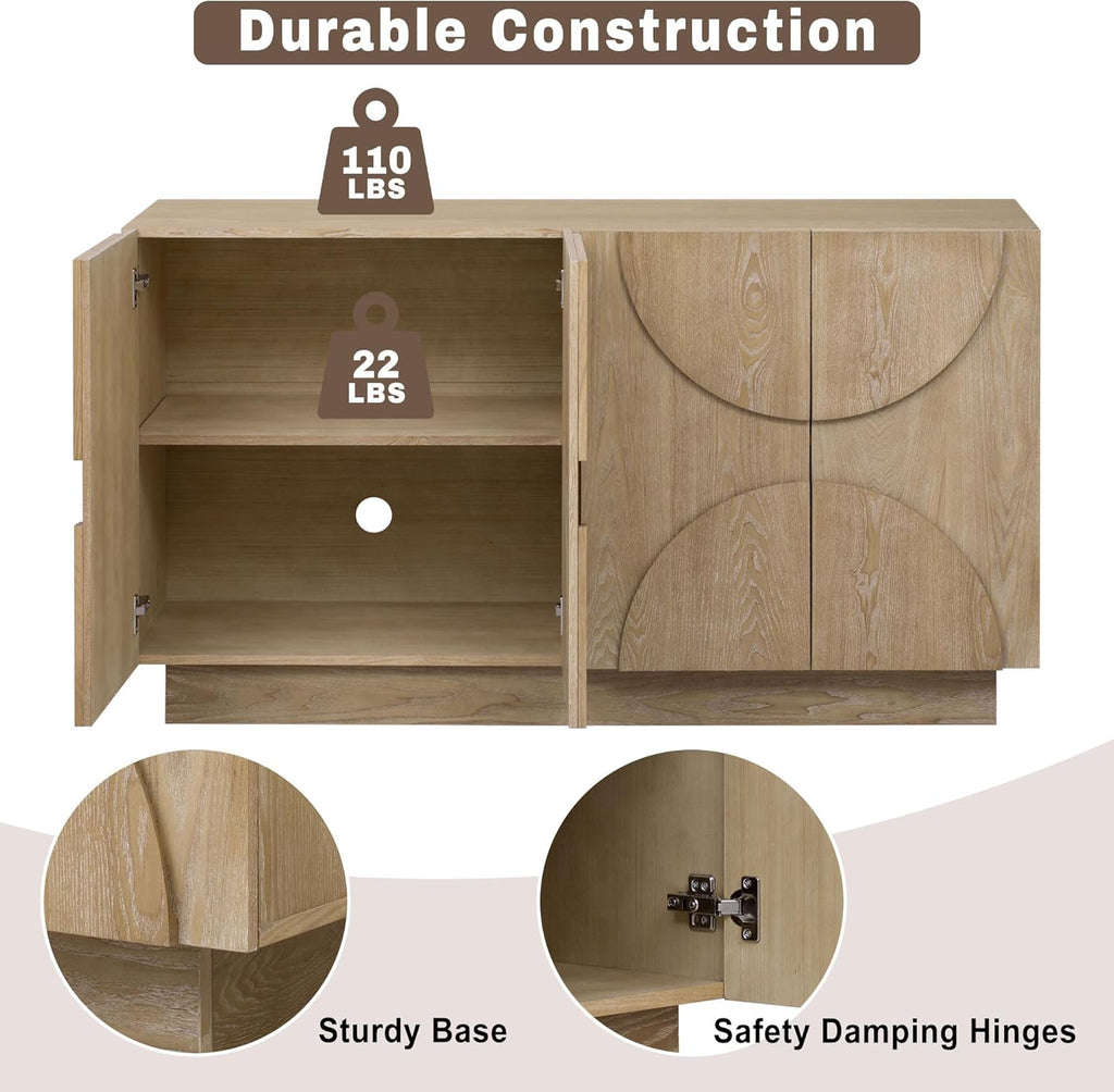 Modern Vintage Arched Door Buffet Sideboard, 56’’W Credenza Storage Cabinet with Adjustable Shelves & Cable Management, Media Console Accent Cabinet for Living Room Hallway Dining, Natural