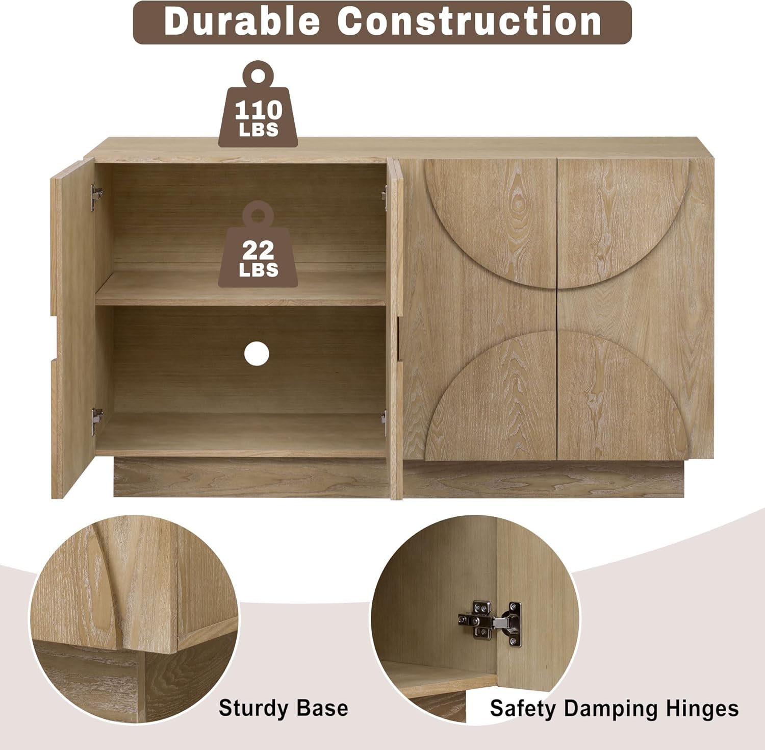Modern Vintage Arched Door Buffet Sideboard, 56’’W Credenza Storage Cabinet with Adjustable Shelves & Cable Management, Media Console Accent Cabinet for Living Room Hallway Dining, Natural