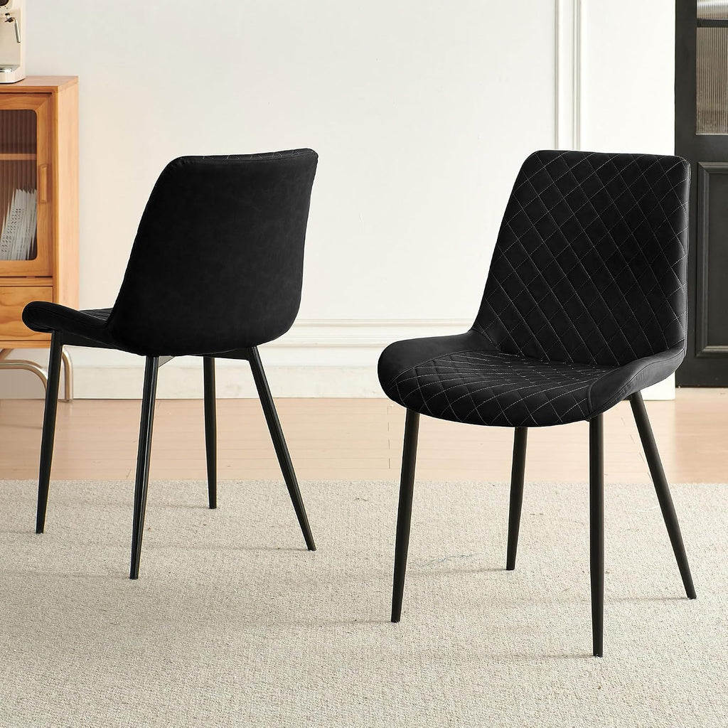 PU Leather Dining Chairs Set of 2, Modern Armless Dining Room Chairs, Comfy Upholstered Kitchen Chairs with Backrest, Black Metal Legs for Living Room, Dinning Room, Black