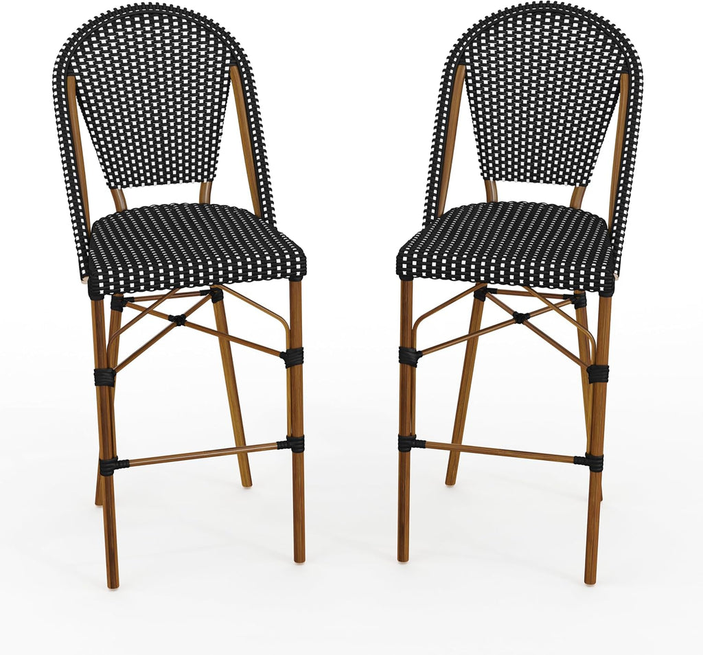 Martha Stewart Lily Pond Indoor-Outdoor Stackable Bar Stools with Natural Woodgrain Aluminum Frame Finish, Black/White Woven Rattan Backrests and Seats, Set of 2