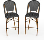Martha Stewart Lily Pond Indoor-Outdoor Stackable Bar Stools with Natural Woodgrain Aluminum Frame Finish, Black/White Woven Rattan Backrests and Seats, Set of 2